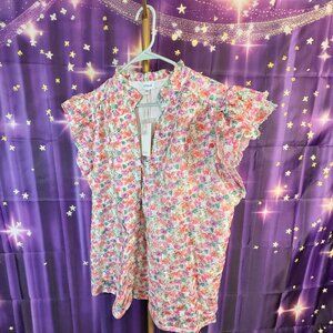 Lovelo - Vibrant Floral Ruffle Sleeve Blouse - Pink, Green - 1x - NWT